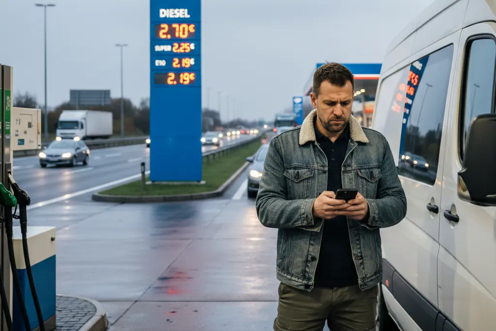 Водитель у придорожной АЗС сверяет цены в телефоне, за спиной — стела с ценами.